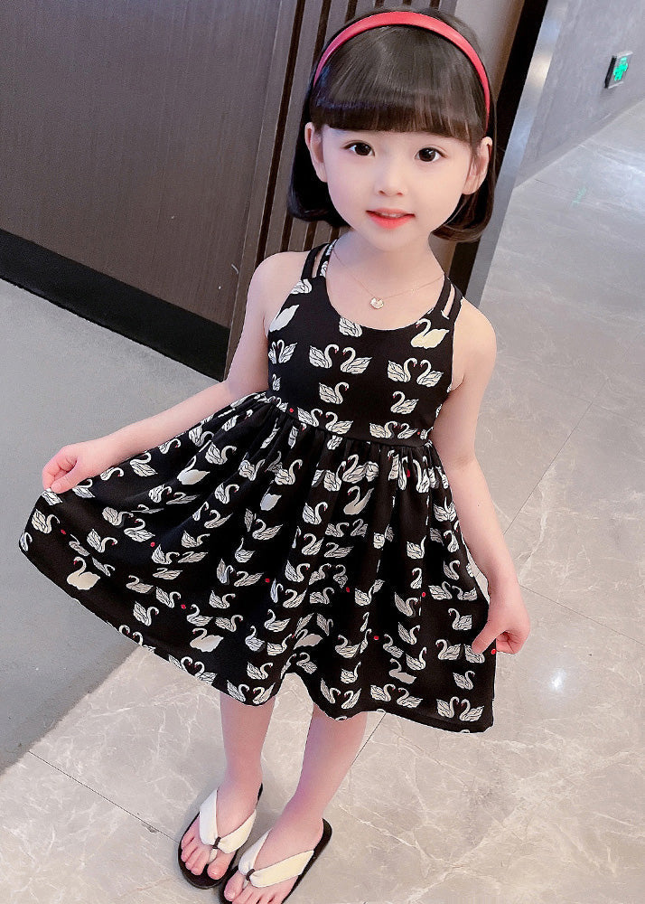 Black Animal Print Patchwork Cotton Slip Long Dress Summer