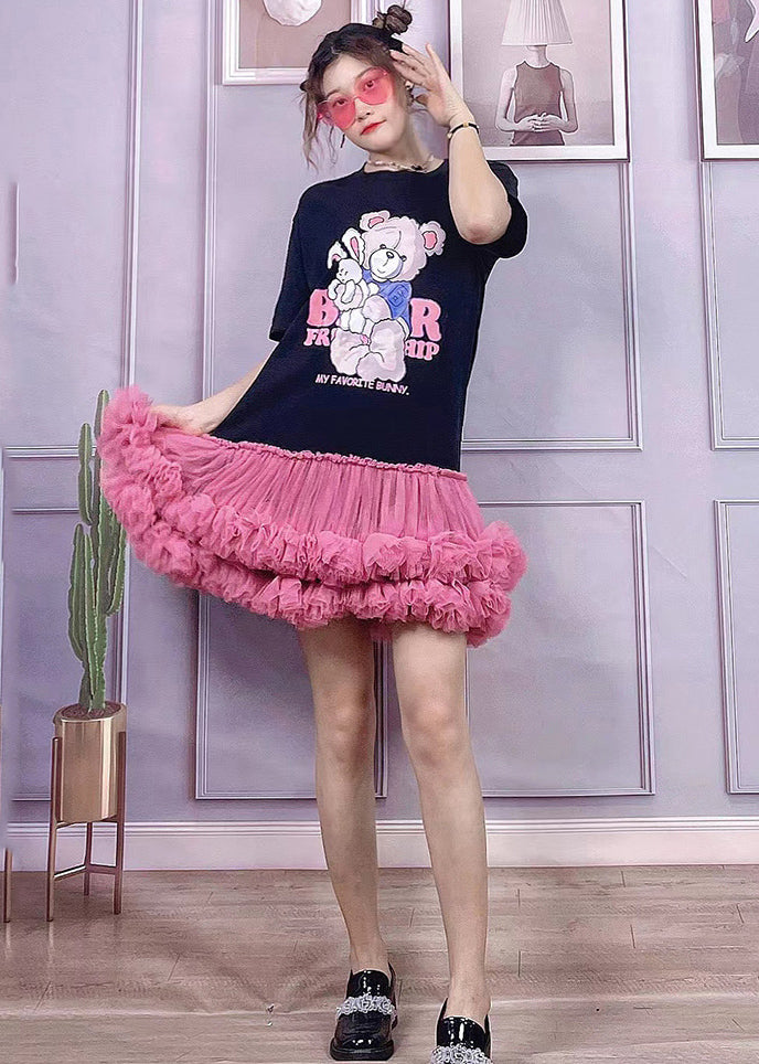 Black O-neck Bear Applique Tulle Patchwork Cotton Pleated Dress Short Sleeve