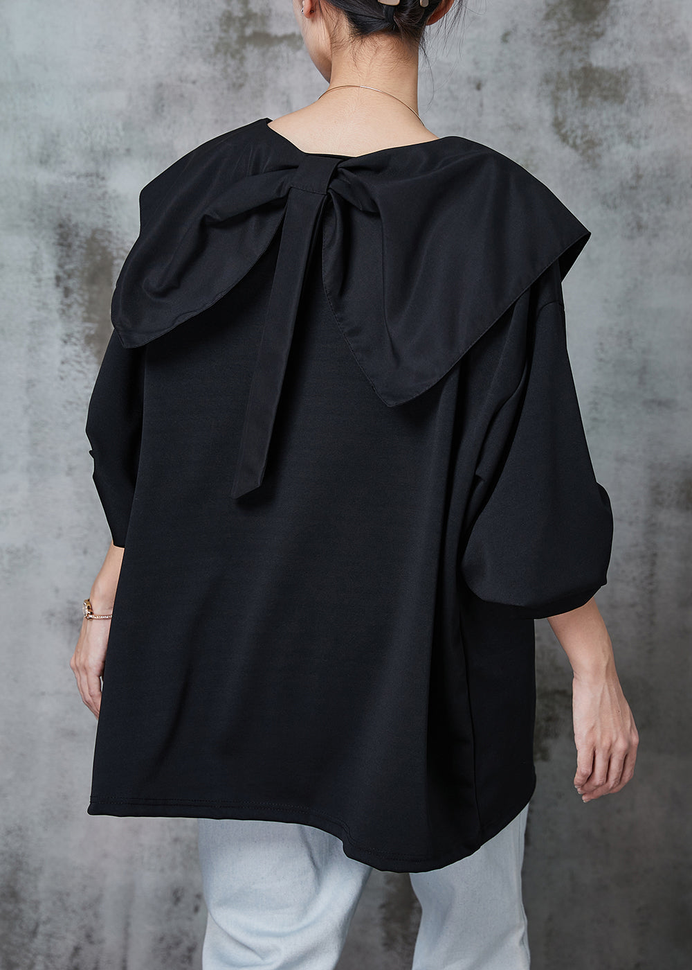 Black Peter Pan Collar Bow Cotton Shirt Top Spring