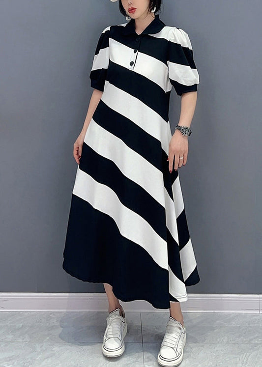 Black White Striped Peter Pan Collar Patchwork Long Dress Short Sleeve