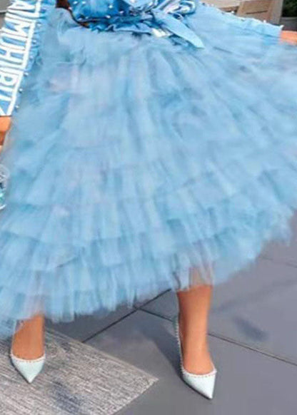 Blue Asymmetrical High Waist Patchwork Tulle Skirt Summer