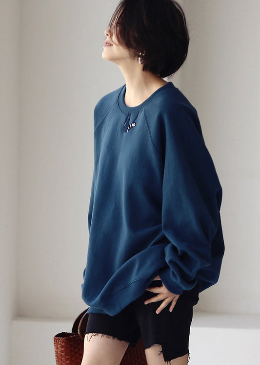 Blue O-neck Embroideried Cotton Sweatshirts Fall