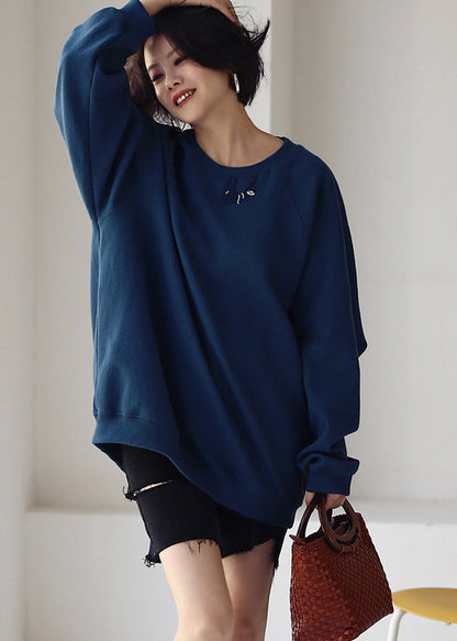 Blue O-neck Embroideried Cotton Sweatshirts Fall