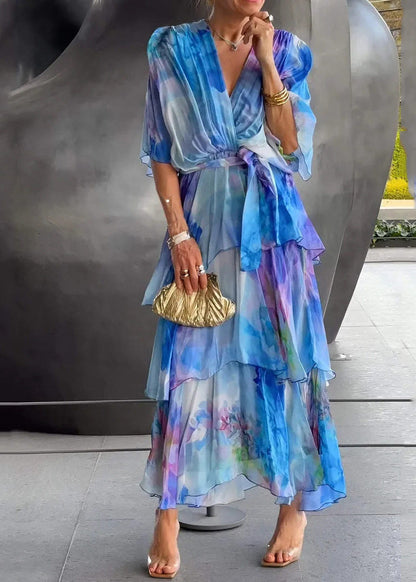 Blue O-neck Print Chiffon Long Dress Short Sleeve