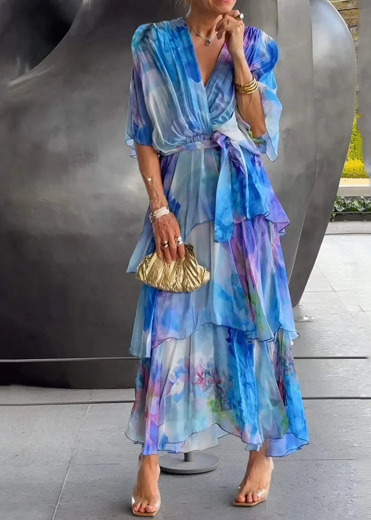 Blue O-neck Print Chiffon Long Dress Short Sleeve
