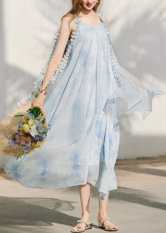 Blue Print Silk Maxi Holiday Spaghetti Strap Dress Sleeveless