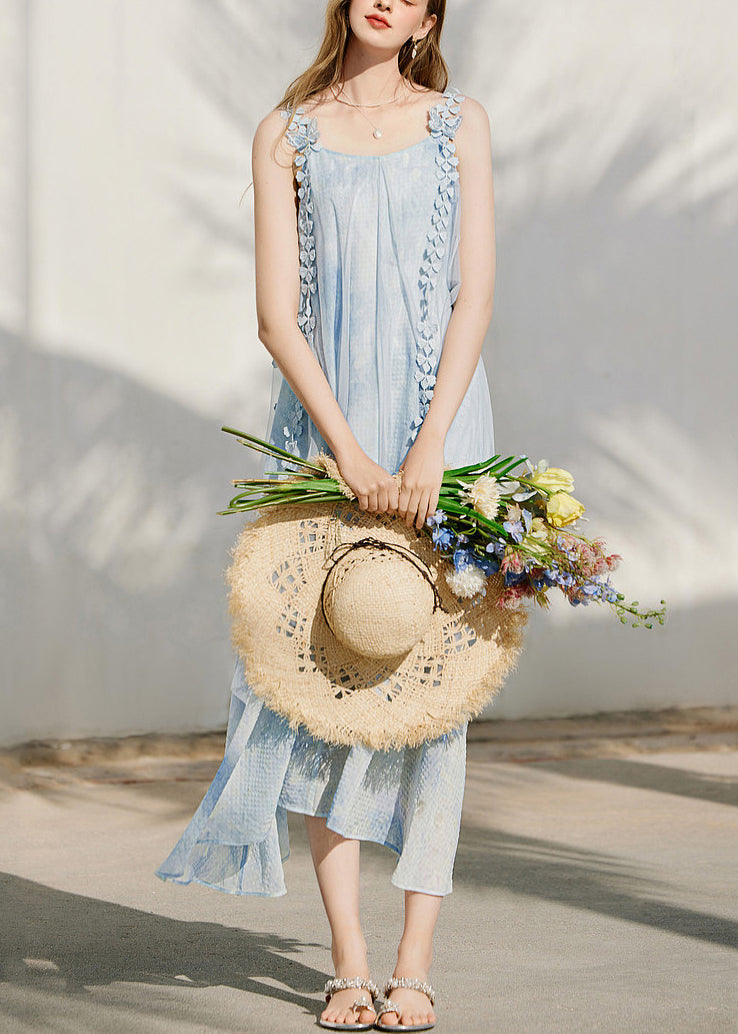 Blue Print Silk Maxi Holiday Spaghetti Strap Dress Sleeveless