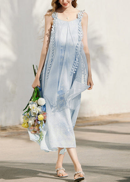 Blue Print Silk Maxi Holiday Spaghetti Strap Dress Sleeveless