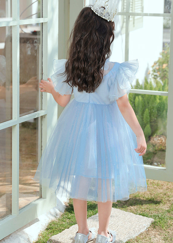Blue Sequins Patchwork Bow Tulle Kids Maxi Dresses Butterfly Sleeve
