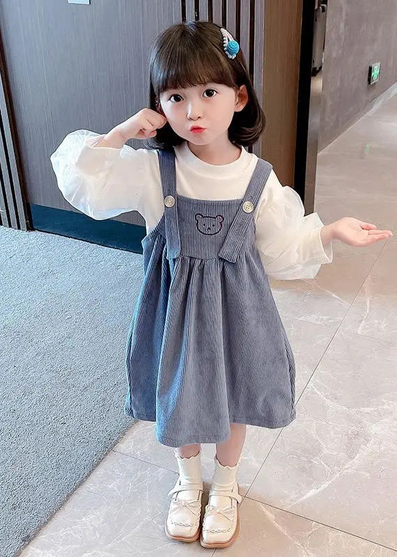 Blue Slash Neck Patchwork Corduroy Slip Dress and T Shirt Two Pieces Set Summer