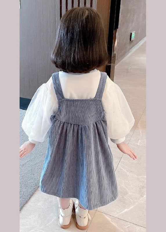 Blue Slash Neck Patchwork Corduroy Slip Dress and T Shirt Two Pieces Set Summer