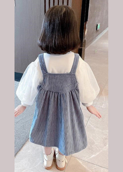 Blue Slash Neck Patchwork Corduroy Slip Dress and T Shirt Two Pieces Set Summer