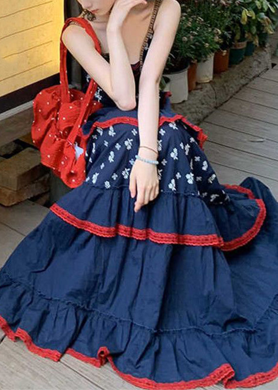 Blue V Neck Print Patchwork Party Long Dress Summer