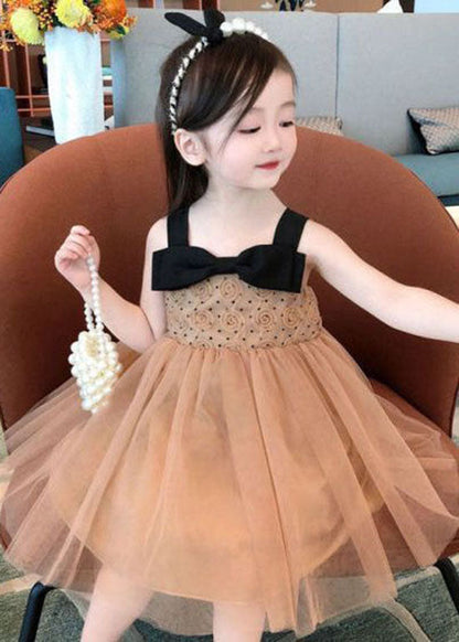 Coffee Bow Wrinkled Patchwork Tulle Kids Dresses Summer