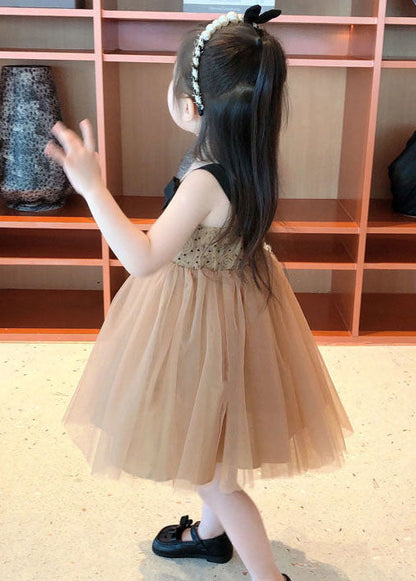 Coffee Bow Wrinkled Patchwork Tulle Kids Dresses Summer