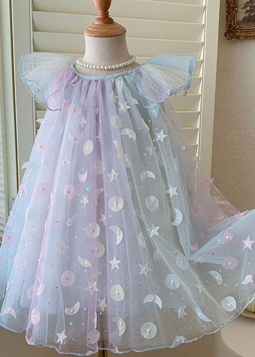 Gradient Blue Sequins Wrinkled Patchwork Tulle Baby Dress Summer