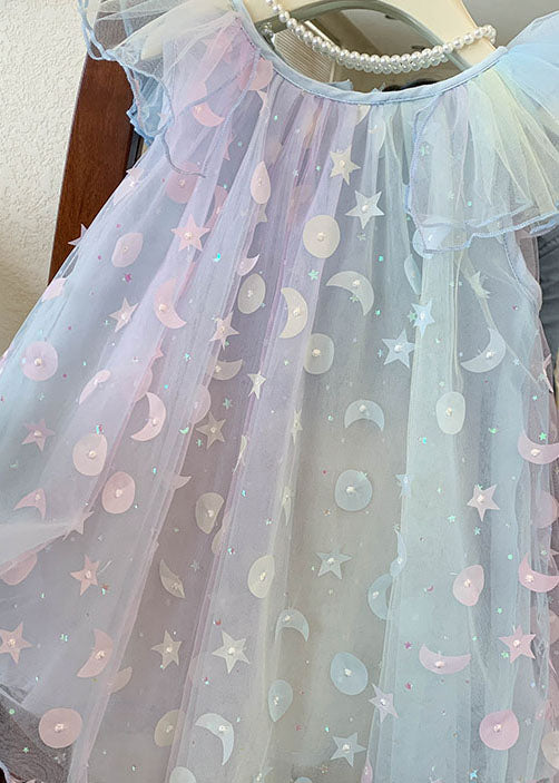 Gradient Blue Sequins Wrinkled Patchwork Tulle Baby Dress Summer