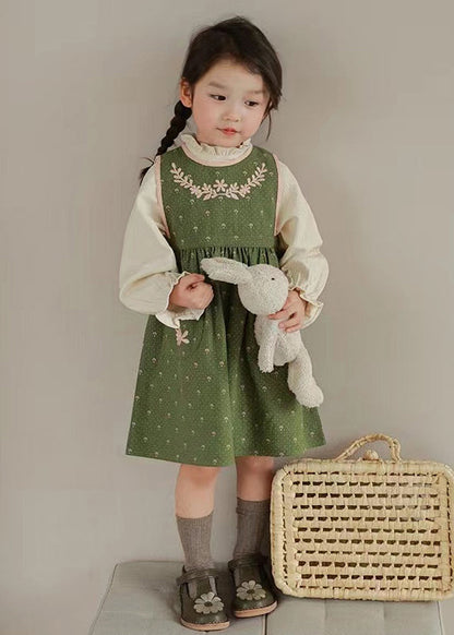 Green Embroideried Ruffled Tops and Waistcoat Dress Cotton Two Fall