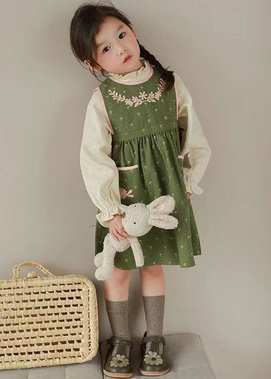 Green Embroideried Ruffled Tops and Waistcoat Dress Cotton Two Fall