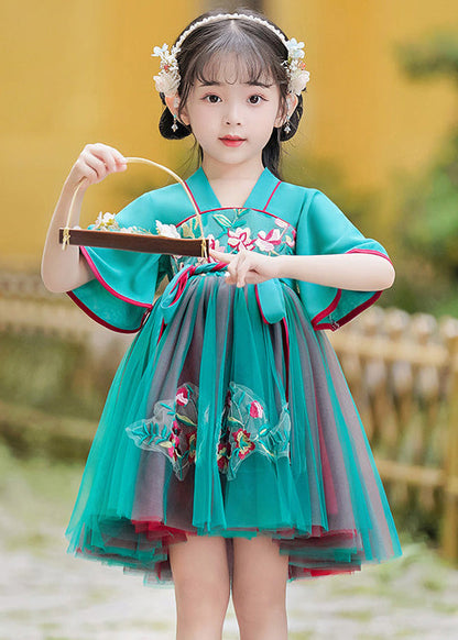 Green Embroideried Tie Waist Tulle Mid Dress Summer