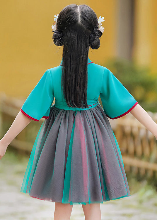 Green Embroideried Tie Waist Tulle Mid Dress Summer