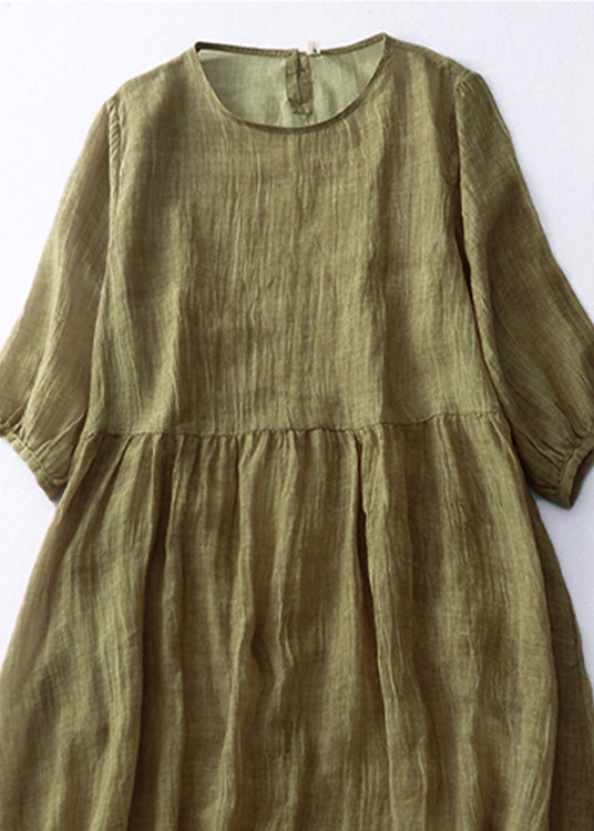 Green O-neck Patchwork Linen Maxi Dress Short Sleeve