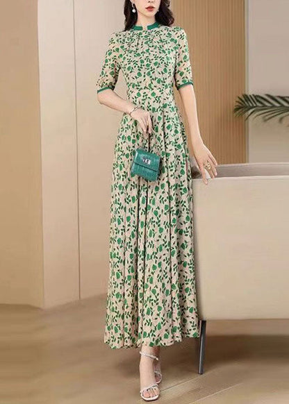 Green O-neck Print Wrinkled Chiffon Maxi Dresses Short Sleeve
