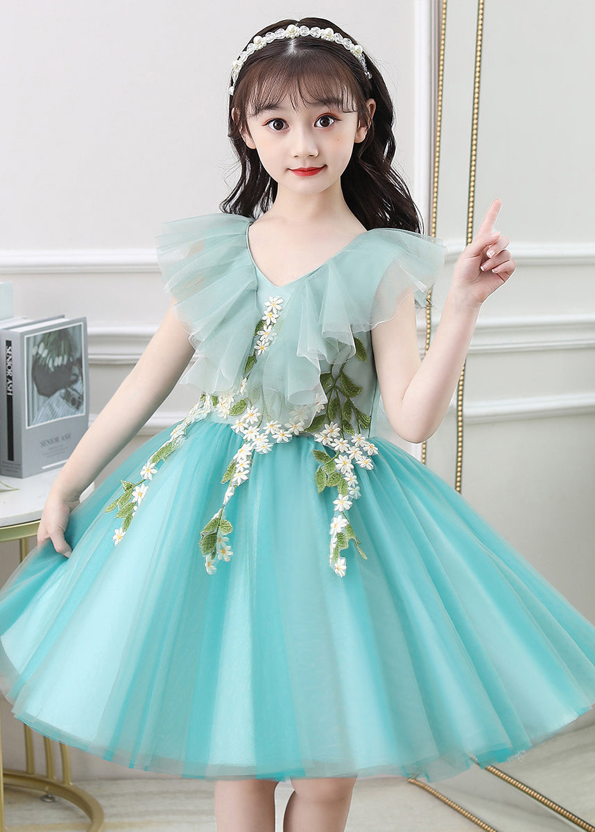 Green Ruffled Embroideried Daisy Tulle Kids Long Dresses Summer