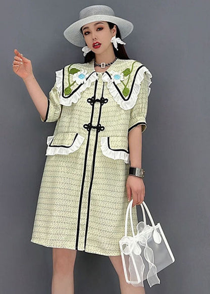 Green Sailor Collar Patchwork Ruffled Cotton Maxi Dress Short Sleeve