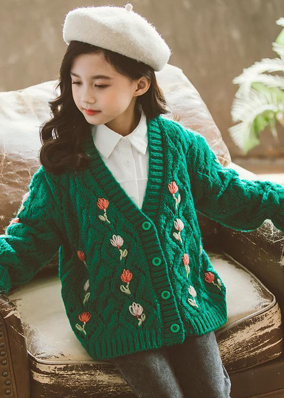 Green V Neck Button Patchwork Knit Cardigans Fall
