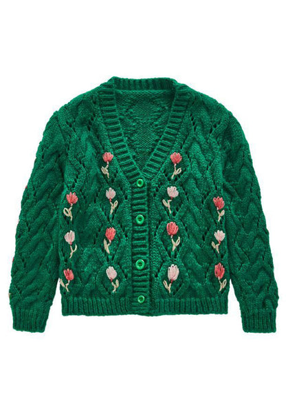 Green V Neck Button Patchwork Knit Cardigans Fall