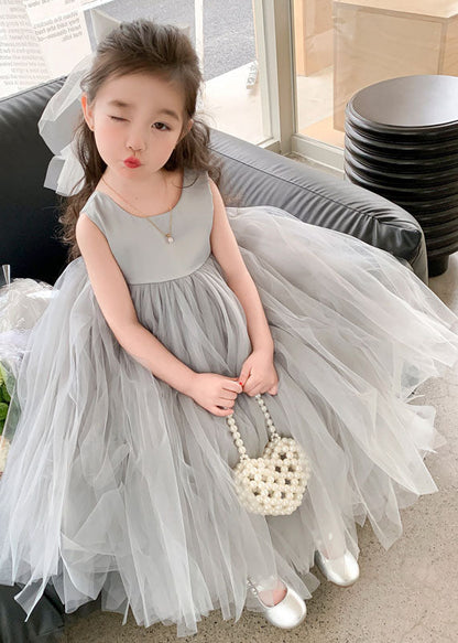 Grey O Neck Wrinkled Patchwork Tulle Baby Party Dress Sleeveless