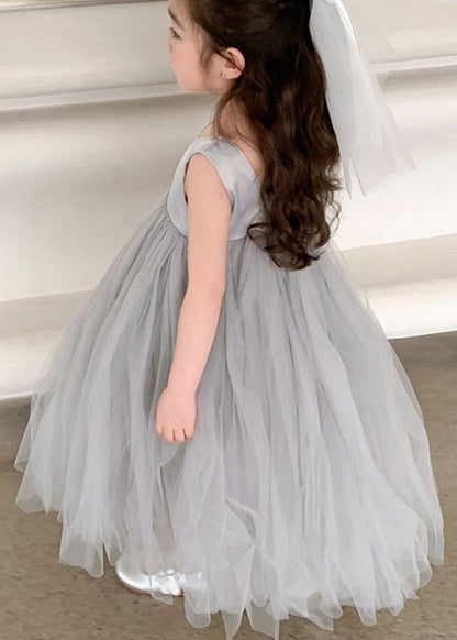 Grey O Neck Wrinkled Patchwork Tulle Baby Party Dress Sleeveless
