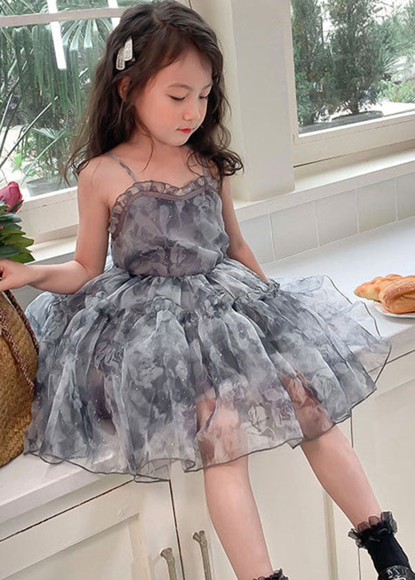 Grey Ruffled Patchwork Tulle Baby Dresses Sleeveless