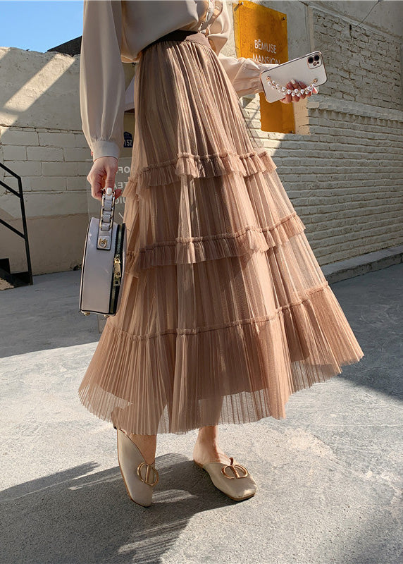 Khaki High Waist Wrinkled Tulle Cake Skirt Spring