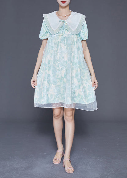 Light Blue Bow Collar Print Tulle a Line Dress Summer