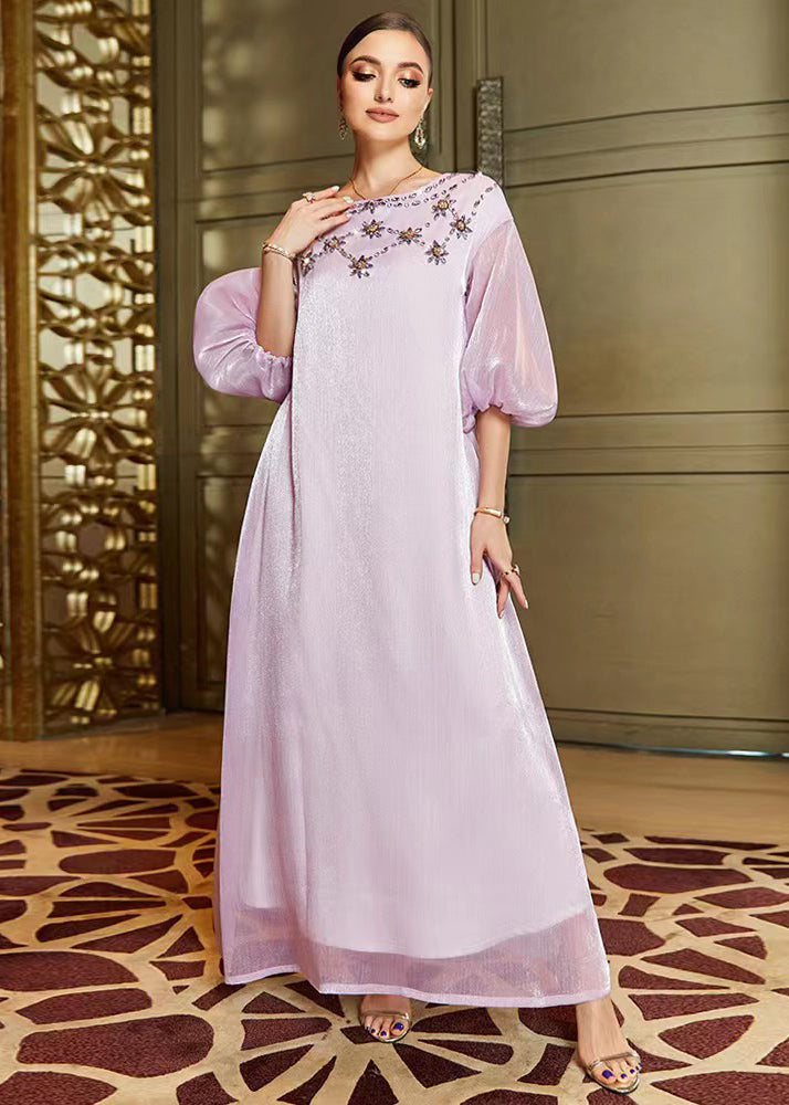 Light Purple O-neck Zircon Tulle Holiday Long Dress Lantern Sleeve