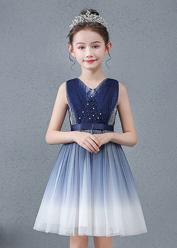 Navy V Neck Nail Bead Gradient Color Tulle Baby Maxi Dress Summer