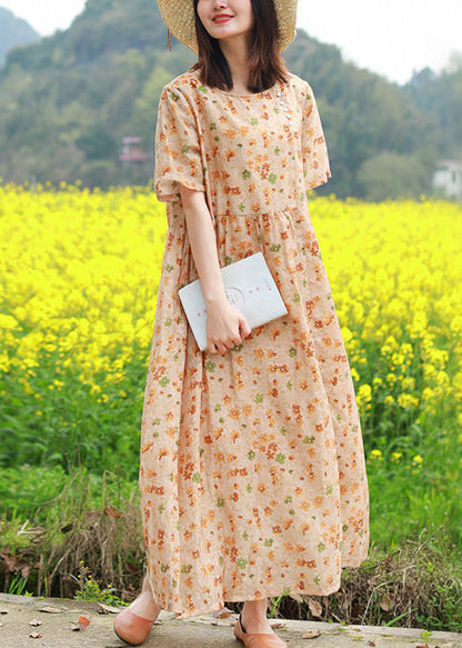 O-neck Cinched Button Print Long Dresses Short Sleeve