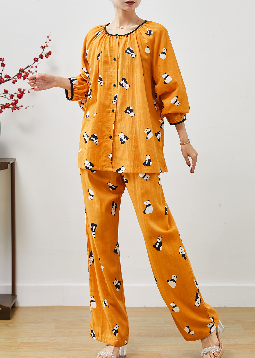 Orange Panda Print Cotton Two Pieces Set Fall