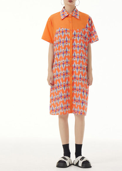 Orange Peter Pan Collar Print Button Mid Dresses Short Sleeve