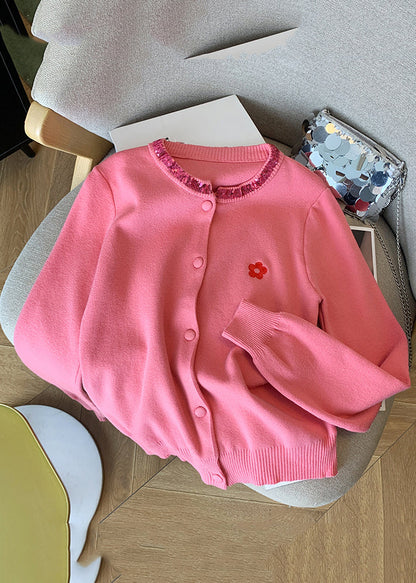 Pink Embroidered Sequins Cotton Knit Cardigans Spring