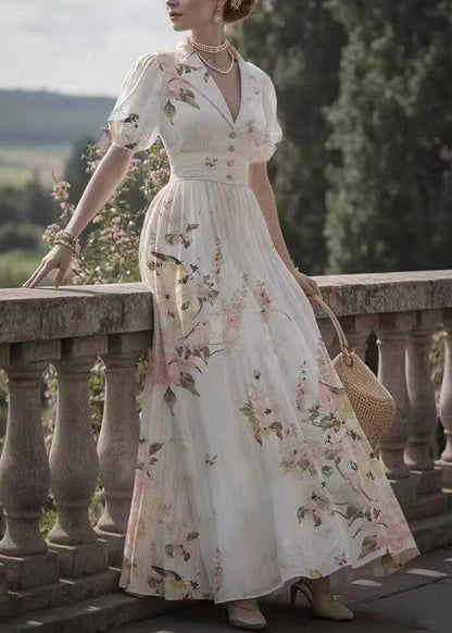 Pink Notched Print Tunic Long Dress Lantern Sleeve