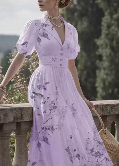 Pink Notched Print Tunic Long Dress Lantern Sleeve