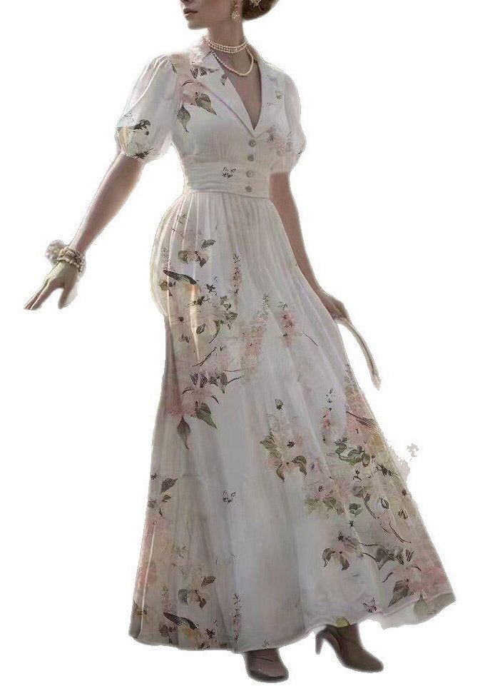 Pink Notched Print Tunic Long Dress Lantern Sleeve