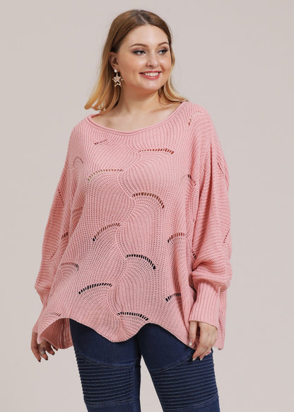 Pink O-neck Asymmetrical Hollow Out Knit Sweater Fall
