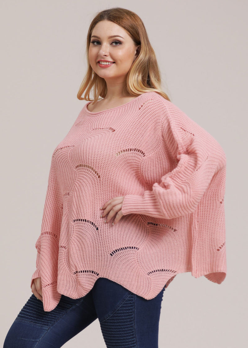 Pink O-neck Asymmetrical Hollow Out Knit Sweater Fall