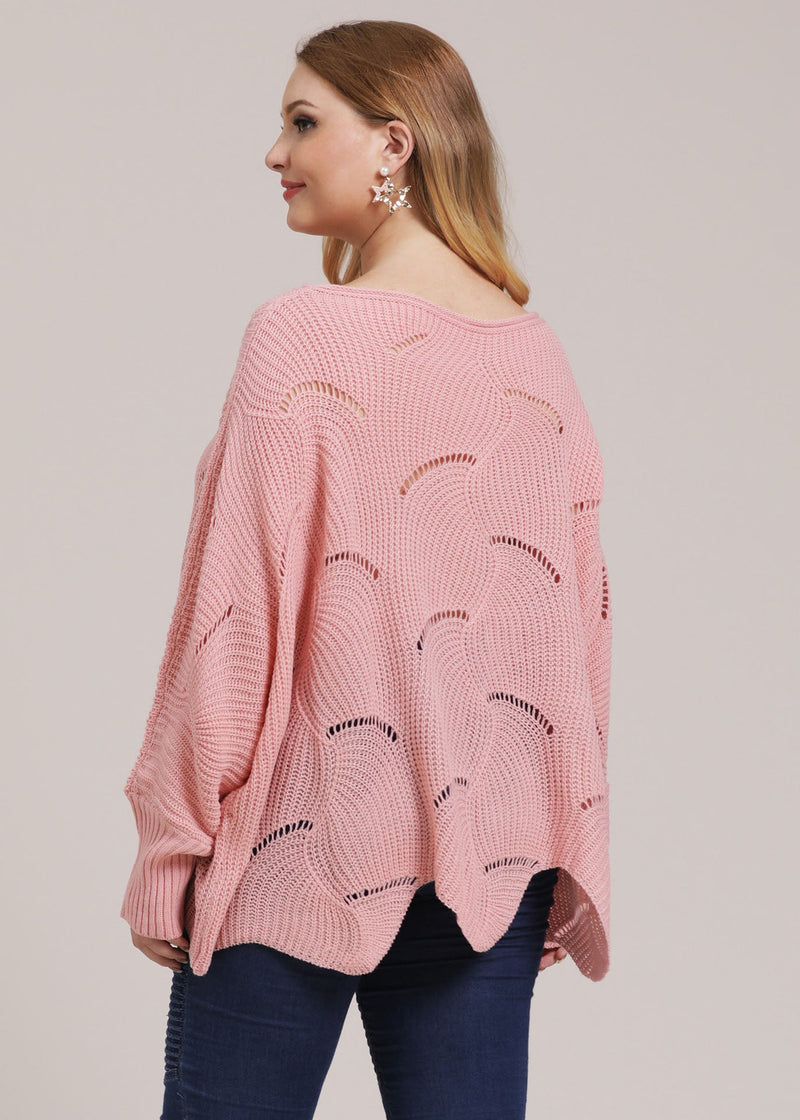 Pink O-neck Asymmetrical Hollow Out Knit Sweater Fall