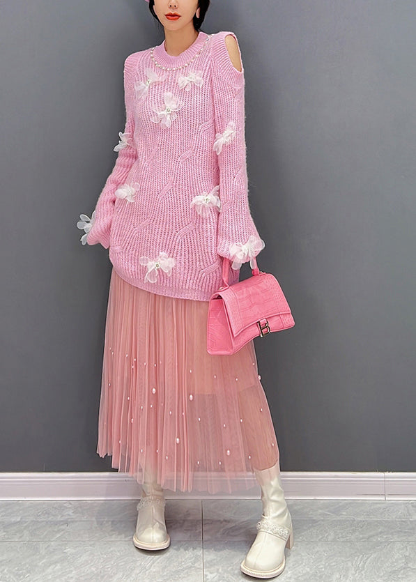 Pink O-neck Knit Top and Tulle Maxi Skirts Two Pieces Set Fall