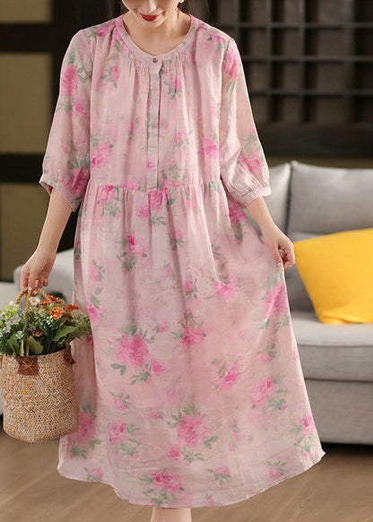 Pink O-neck Print Patchwork Linen Maxi Dress Half Sleeve